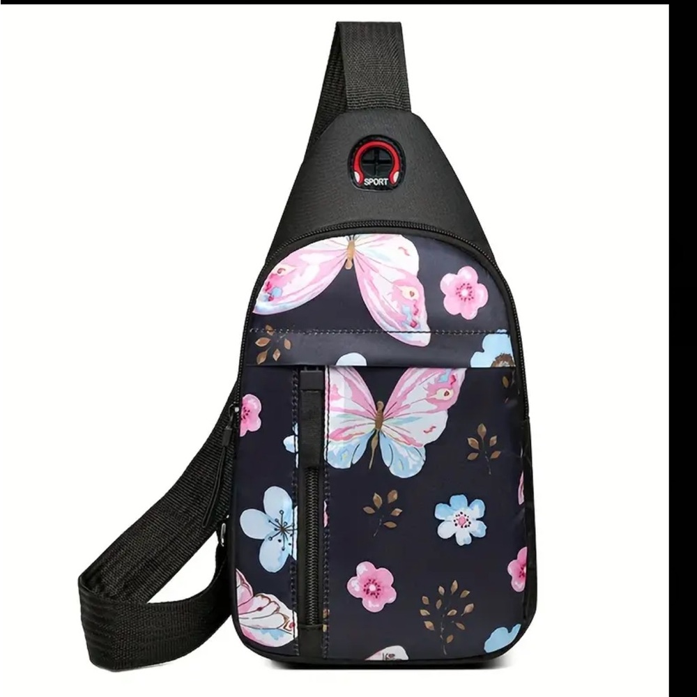 NEW Black Butterfly Print Sling Backpack Waterproof Nylon / Canvas Crossbody Bag